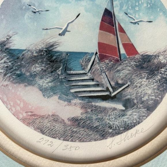 Waters Edge Signed by Irene Shore Framed Nautical Lithograph with Sailboat. - Picture 3 of 7